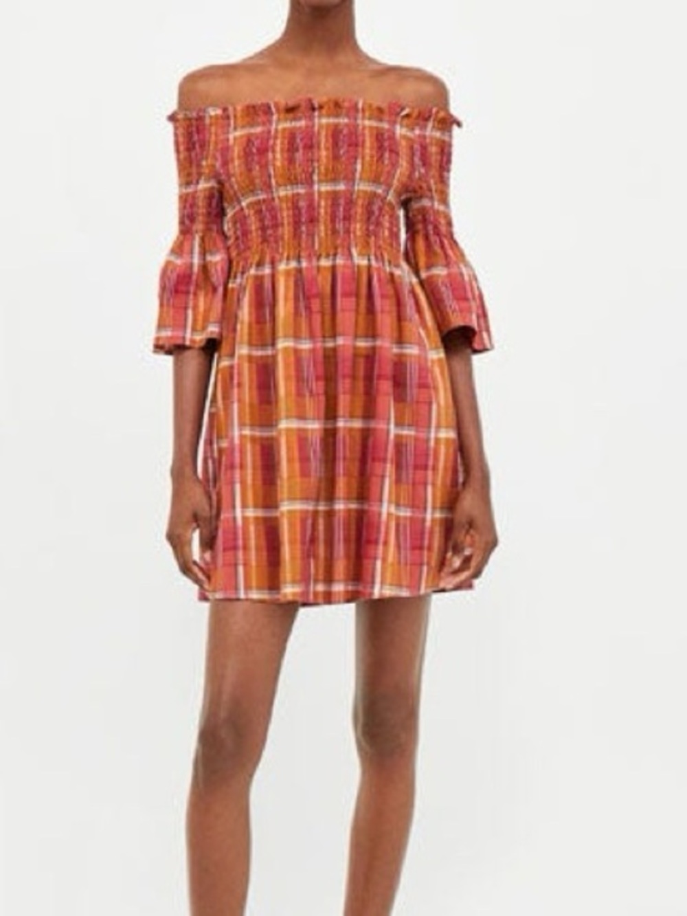 Zara Woman Plaid Smocked Off-the-Shoulder Bell‎ Sleeve Dress L Boho Cottagecore